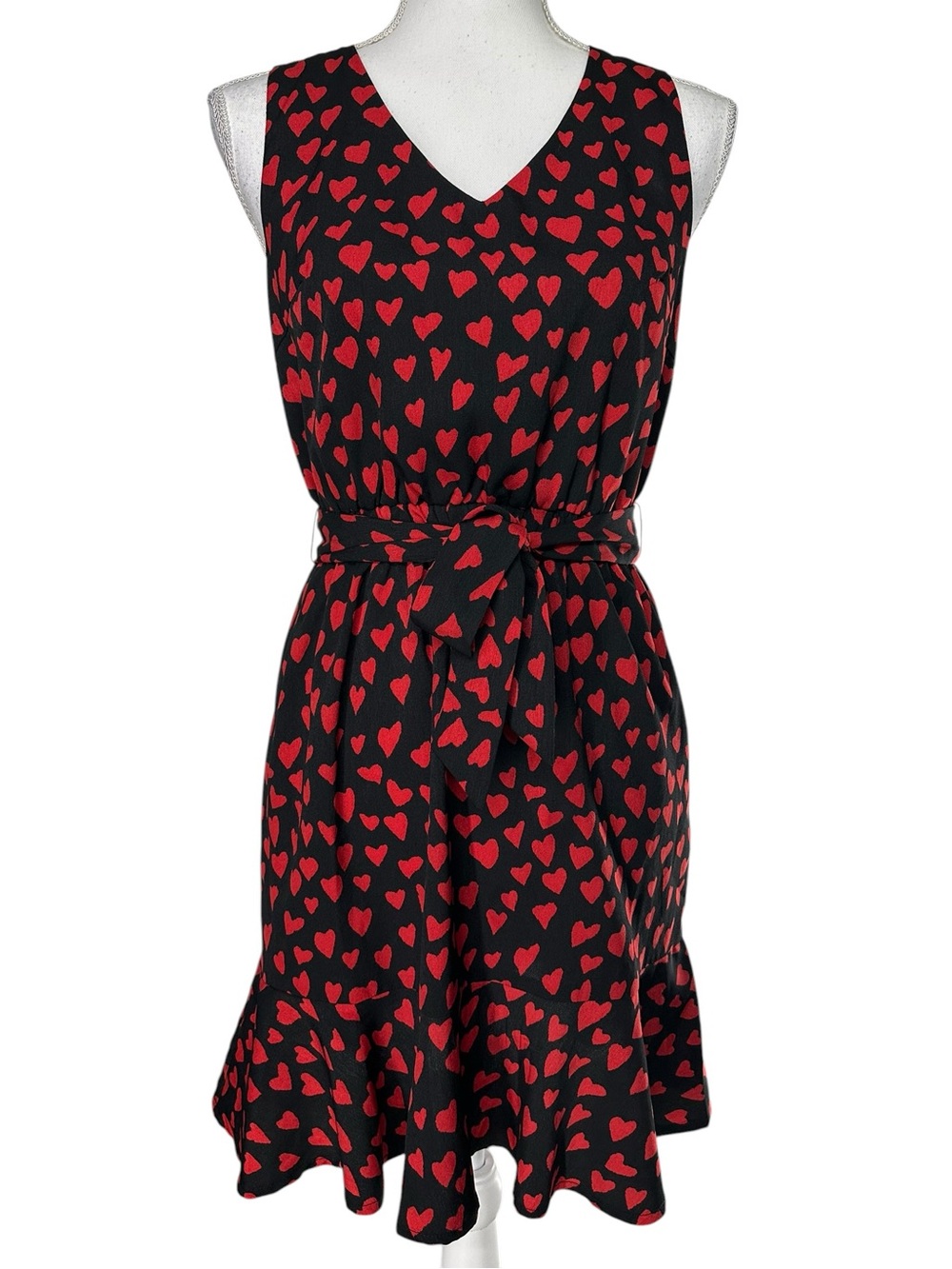 Black & Red Heart Sleeveless Dress / Tie Waist / Ruffle Hem / Size XS / Retro